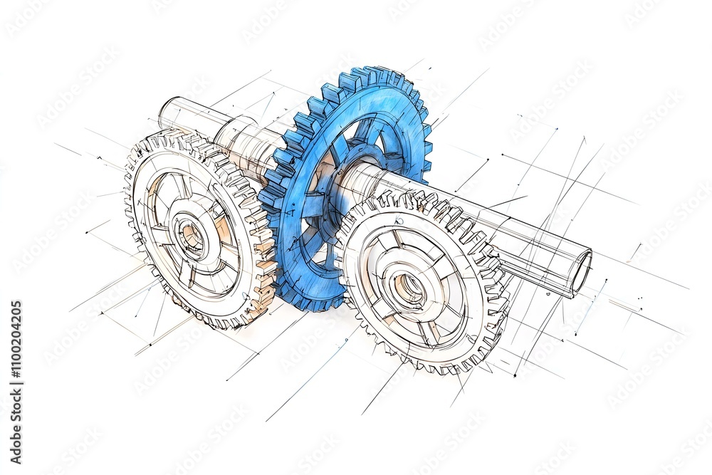 Aufkleber intricate engineering design featuring gears and mechanical components in a detailed sketch style