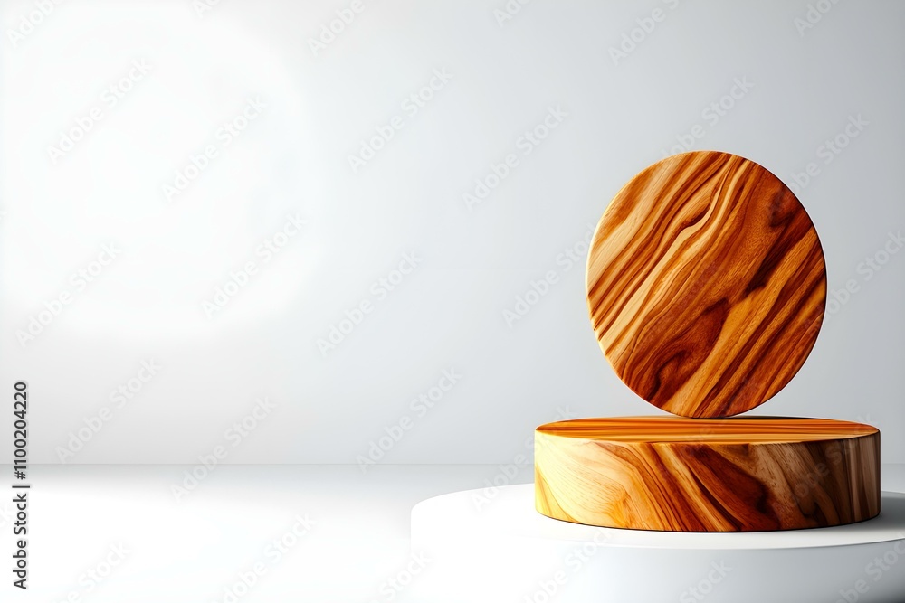 Poster elegant wooden pedestal display with circular and rectangular shapes for product presentations in mi