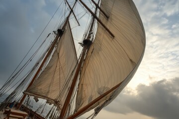 Fototapeta premium A large sail boat sailing on calm waters, ideal for scenic views or travel inspiration
