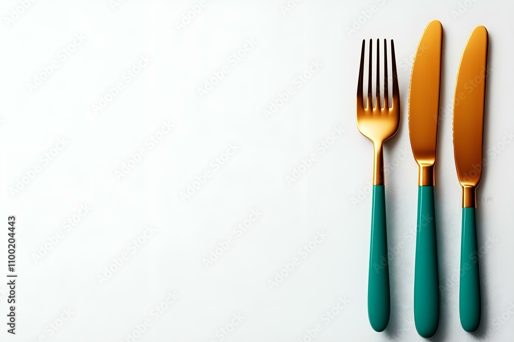Poster elegant gold cutlery set with teal handles on a soft white background for table setting and dining d