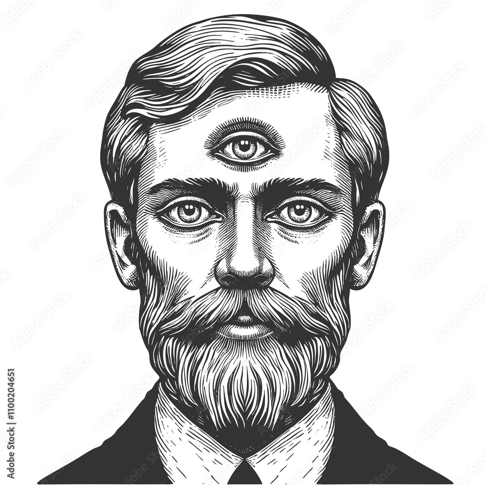 Poster man in formal attire featuring a symbolic third eye, evoking mysticism and enlightenment sketch engr