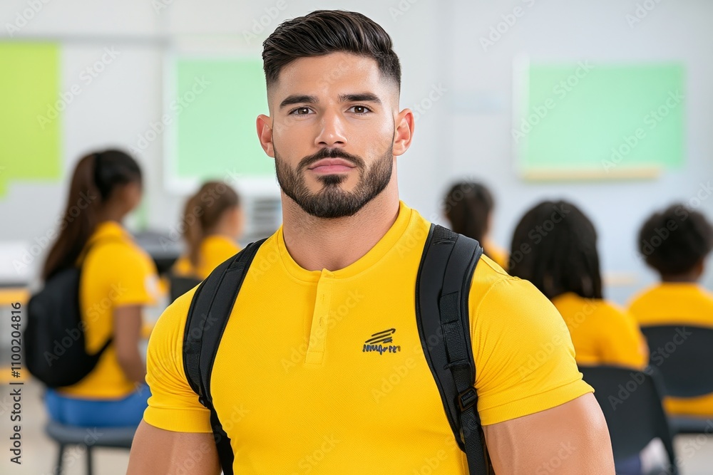 Poster A teacher in front of a classroom, making eye contact with students to maintain their attention while explaining a concept