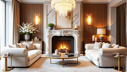 Fototapeta premium A luxury living room featuring a grand marble fireplace, plush velvet furniture, gold accents, and a large crystal chandelier illuminating the elegant space.