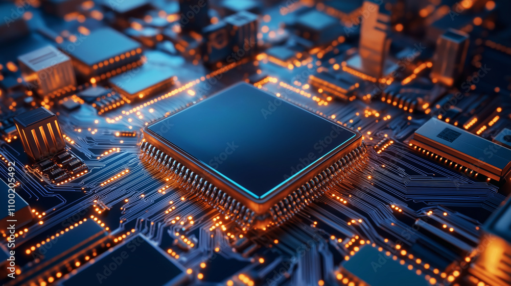 Poster close up view of microprocessor on circuit board, showcasing intricate details and glowing lights