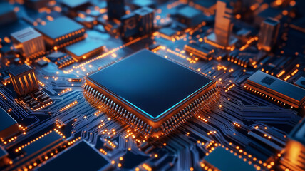 Fototapeta premium close up view of microprocessor on circuit board, showcasing intricate details and glowing lights