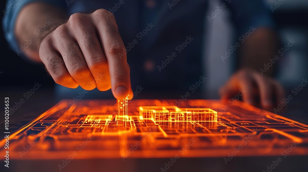 Poster a person interacting with a glowing holographic interface displaying technology.