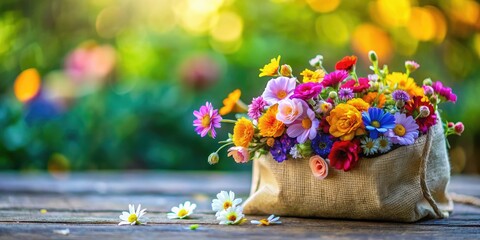 Fototapeta premium Tilt-Shift Miniature Flower Bag Photography, Blooming Bag, Floral Purse, Mini Garden Bag, Cute Flower Bag, Whimsical Bag