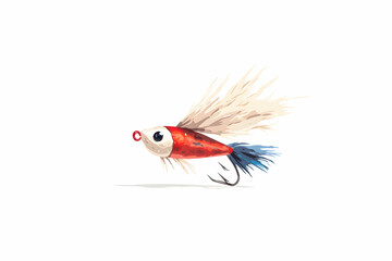 Fototapeta premium Colorful Fishing Lure with Feathered Tail Designed for Anglers, Showcasing Bright Red, Blue, and White Colors for Attracting Freshwater and Saltwater Fish
