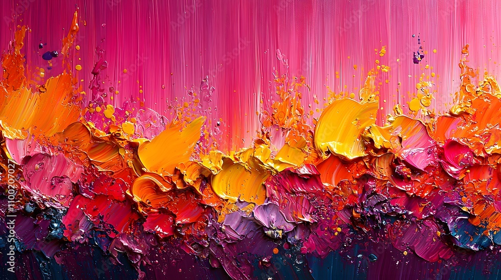Poster vibrant abstract oil painting with bold colors and textured brushstrokes creating a vivid landscape 