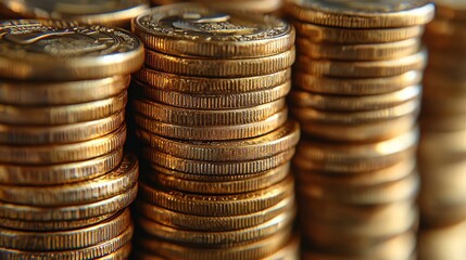 Stacks of shiny gold coins glimmer in the light, symbolizing wealth, prosperity, and financial stability.