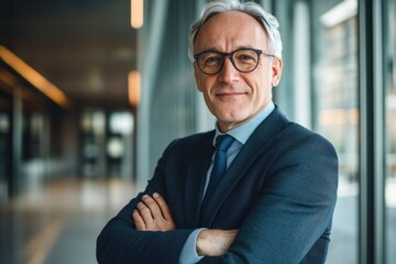 Fototapeta premium A man in a business suit and tie standing with his arms crossed, suitable for corporate or professional settings