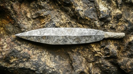 Ancient Stone Blade Artifact Displayed on Natural Rock Surface