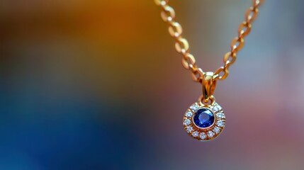 Fototapeta premium Elegant Gold Necklace with Sapphire and Diamond Pendant, Captivating Jewelry Piece for Fashion Lovers and Special Occasions, Perfect Gift Idea for Loved Ones
