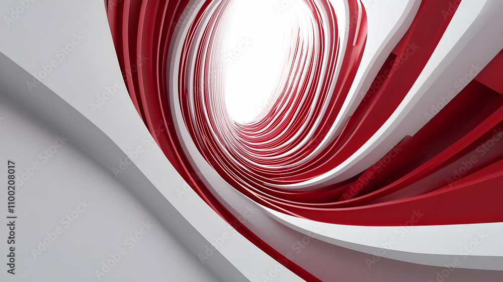 Poster abstract red and white swirling architectural design with a bright light at the end of the tunnel.