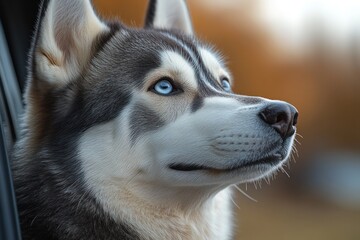 Obraz premium Close-up portrait of a Siberian Husky with striking blue eyes, looking thoughtfully out a car window.