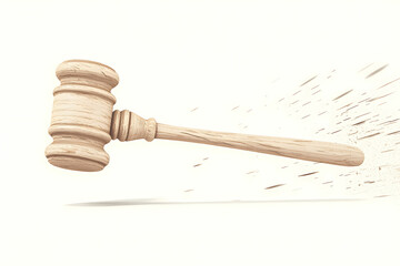 Wooden gavel in motion symbolizing authority, justice, and legal decisions on a minimalist background for courtroom and judicial themes