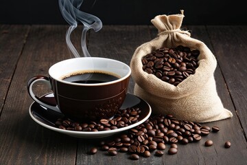 Fototapeta premium Coffee Cup and Coffee Beans in Burlap Sack on Dark Background