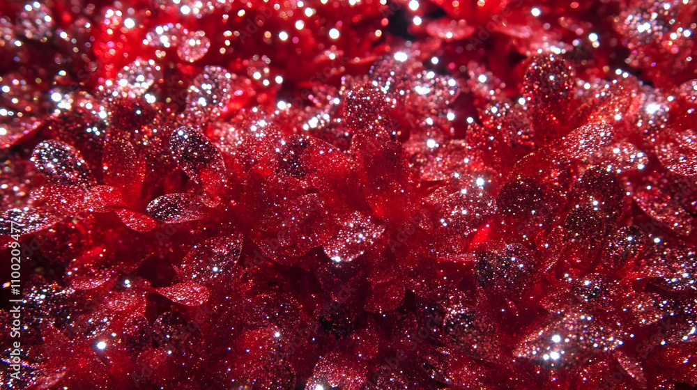 Aufkleber close-up of red glitter texture with sparkling lights, creating a festive and luxurious background.