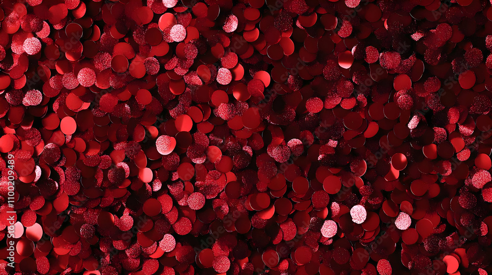 Poster close-up of a dense collection of red, sparkly, round confetti, creating a vibrant and textured back