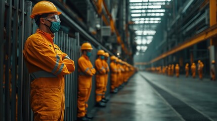 Obraz premium Workers in protective gear lined against industrial wall. Workplace safety and pandemic protection