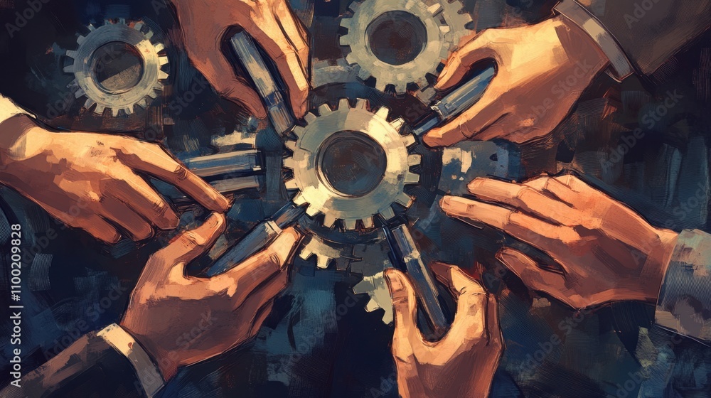 Aufkleber collaborative teamwork with gears symbolizing cooperation and unity