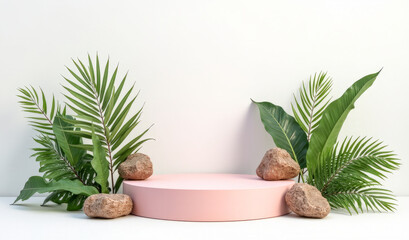 Fototapeta premium pink round podium among tropical plants on a white background