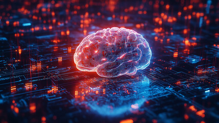 Futuristic AI brain hologram surrounded by glowing circuits