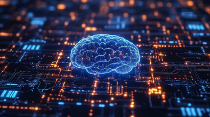 Fototapeta premium Futuristic AI brain hologram surrounded by glowing circuits