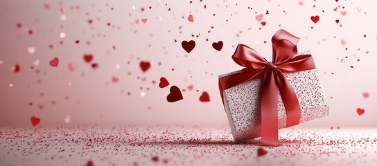 Valentine's day gift. Banner design with present box and hearts on red background.
