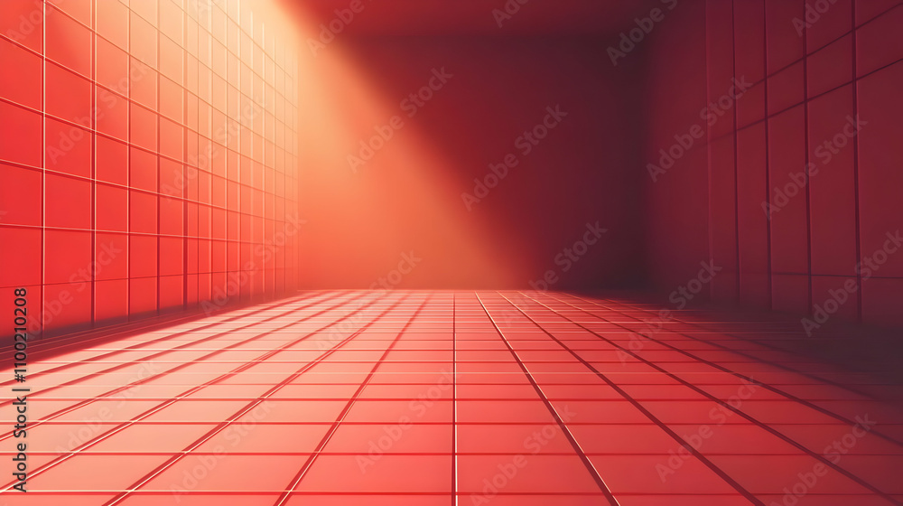 Poster red room with tiled walls and floor, illuminated by a single light source.