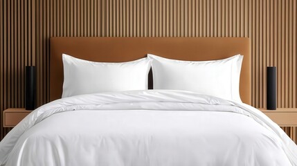 Obraz premium Luxurious bed with velvet pillows and a soft duvet, warm lighting, elegant bedroom setting