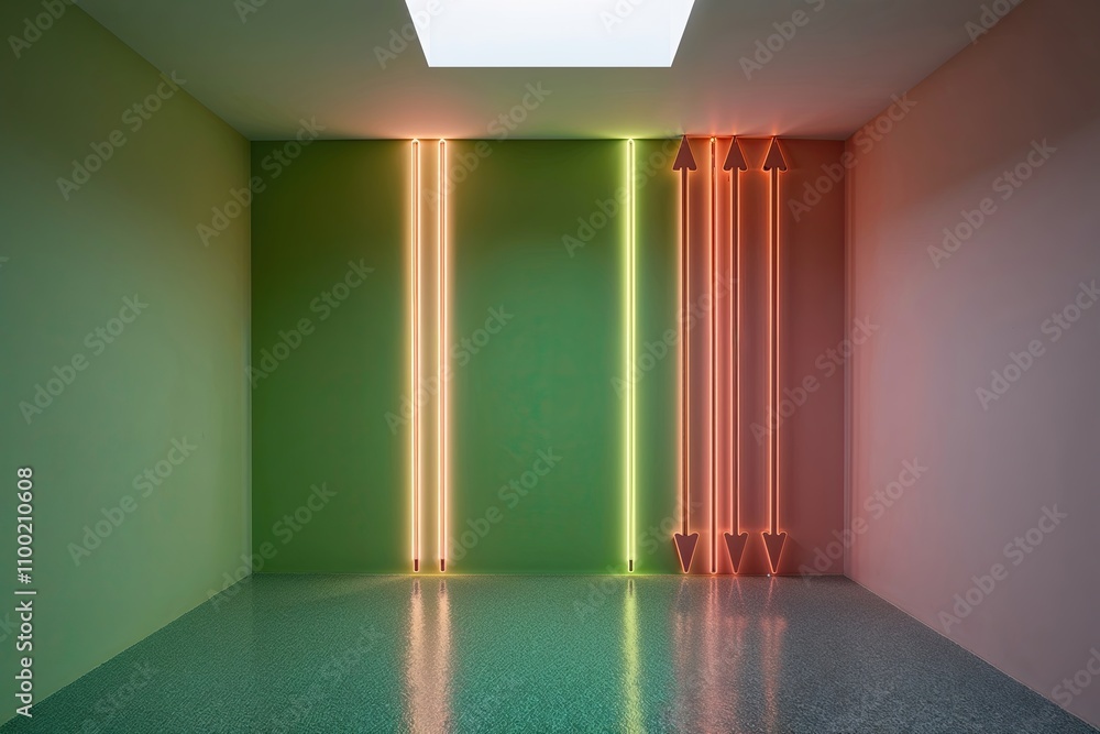 Poster stunning 3d chartreuse and salmon neon visual with leftward arrows in shadowland