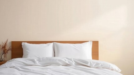 Minimalist bed with white linens in a clean and simple bedroom, natural light creating a serene vibe