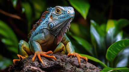 Fototapeta premium Vibrant green iguana resting on a rock amidst lush foliage