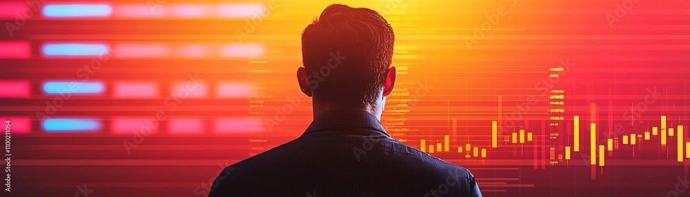 Poster silhouette of a person analyzing data with vibrant digital displays in the background.