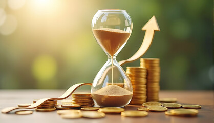 An elegant hourglass where sand grains are replaced by golden coins, forming an upward arrow as they accumulate at the bottom, symbolizing time and business growth.