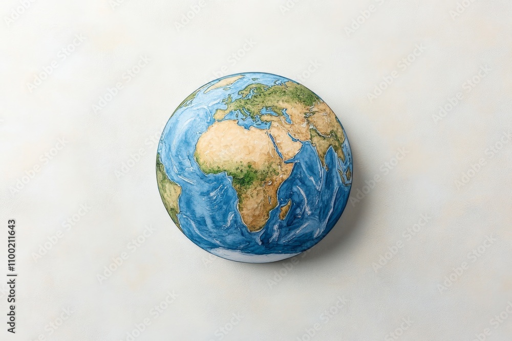 Poster a watercolor painting of the earth, with soft glowing lines showing its axis of rotation in light pa