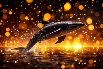 Obraz premium A whale breaching dramatically out of the ocean, captured mid-splash with glistening water droplets
