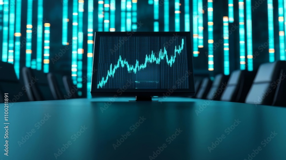 Poster modern office desk with a monitor displaying financial growth data and digital graphics.