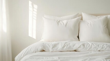 Obraz premium Soft bed with a quilt and layered pillows, bright and airy bedroom with natural light