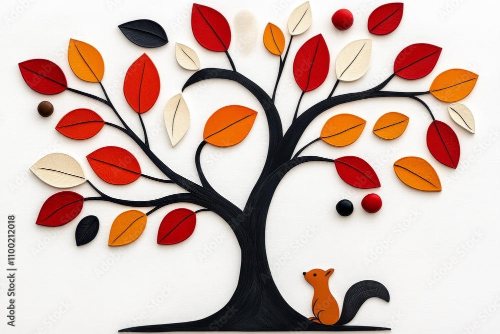 Poster a whimsical 2d drawing of a tree shedding colorful leaves, with a small squirrel collecting acorns, 