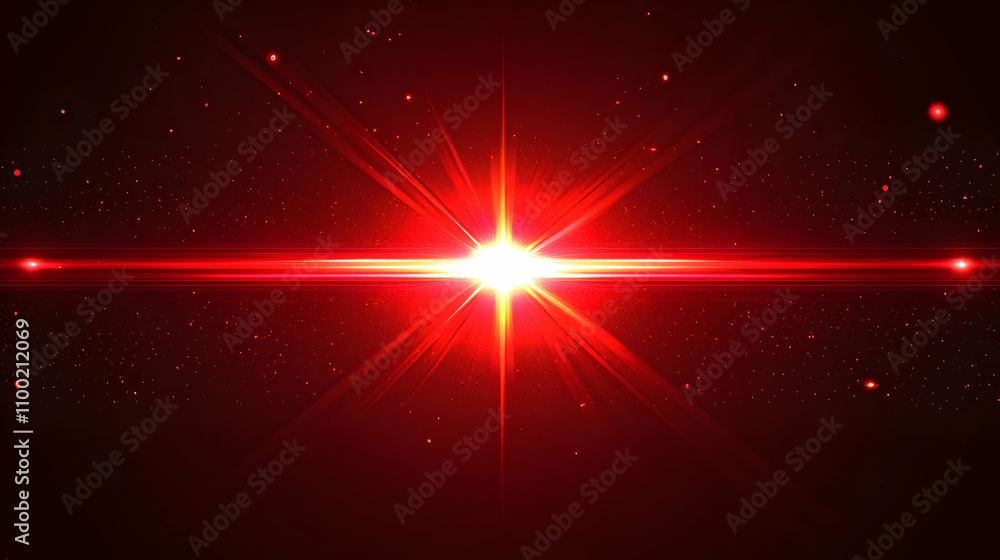 Poster red light rays burst from center with particles in dark background.