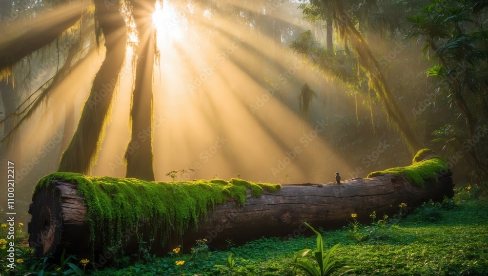 Poster enveloping warmth of golden mist in a serene forest setting