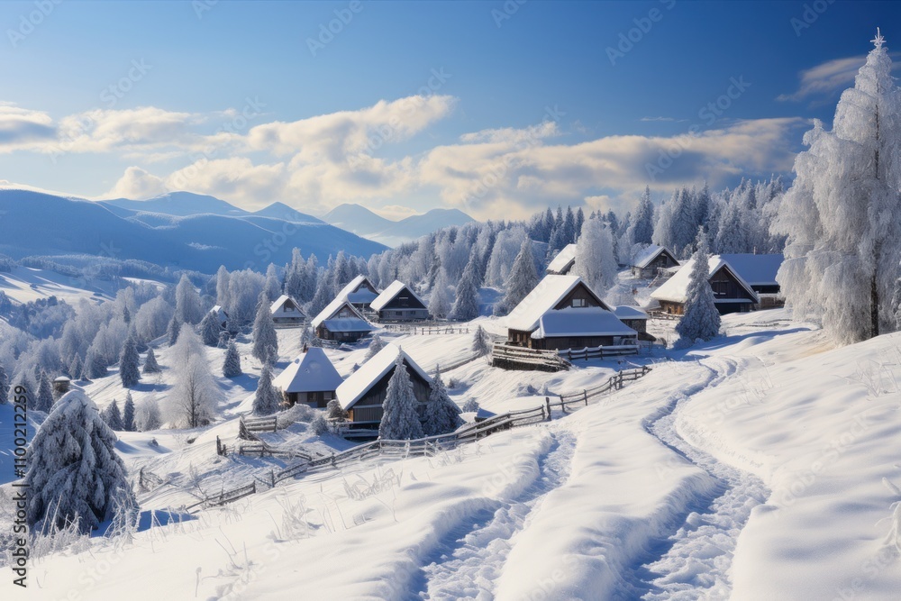 Poster charming cottages nestled in snow with mountains and trees in the background under a clear sky