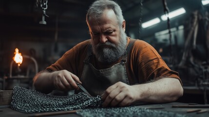Chainmail craftsman working on armor in workshop. Medieval armory and metalwork craft