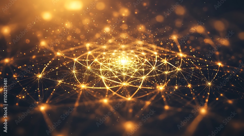Poster intricate sacred geometry pattern illuminated by golden light in an abstract design