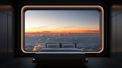 Naklejka premium A futuristic bedroom with a panoramic window showcasing a breathtaking sunset above the clouds.