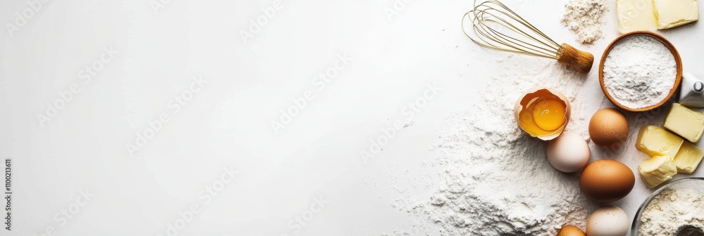 Poster flour, eggs, butter, and a whisk are neatly arranged on a white background, leaving space for recipe