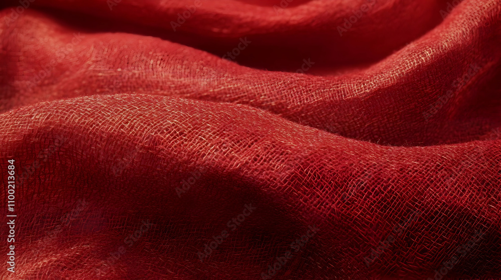 Poster close-up of rich red fabric with textured weave, showing soft folds and shadows.