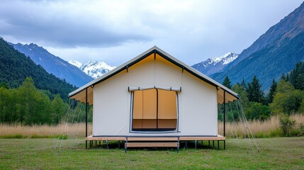 Fototapeta premium A modern glamping tent in a scenic mountain landscape, surrounded by lush greenery and majestic peaks.